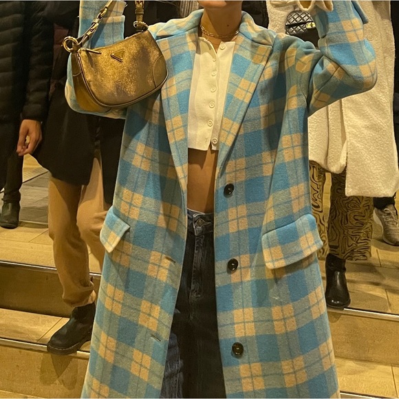 MSGM Blue Beige Checkered Long Wool Coat - Picture 4 of 5